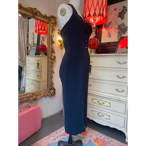 vintage 1990s halter neck black bandage dress lace up karen lucas hourglass body - Picture 6 of 10